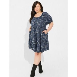 Torrid Women's Blue Floral Print Puff Sleeve Smocked Mini Dress NWT  2X